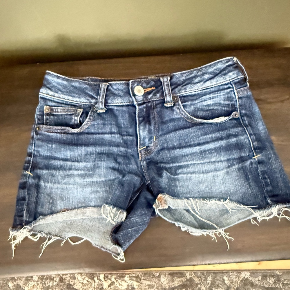 American Eagle Outfitters Dark Blue Frayed Denim Shorts